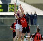 7 May 2005; Martin McClean, Down, supported by team-mate Conor Laverty, (10), contests a high ball with Galway's Barry Cullinane. Cadburys All-Ireland U21 Football Final, Galway v Down, Cusack Park, Mullingar, Co. Westmeath. Picture credit; Damien Eagers / SPORTSFILE