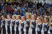 24 January 2014; Supporters during the National Anthem. All-Ireland Schools Cup U19C Girls Final, St Genevieves Belfast v Glenamaddy Community School, National Basketball Arena, Tallaght, Co. Dublin. Picture credit: Ramsey Cardy / SPORTSFILE