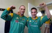 22 May 2005; Johnny Goldrick, right and James McGowan, Leitrim, celebrate in the dressing room after victory over Sligo. Bank of Ireland Connacht Senior Football Championship, Leitrim v Sligo, O'Moore Park, Carrick-on-Shannon, Co. Leitrim. Picture credit; Damien Eagers / SPORTSFILE