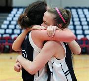 24 January 2014; Claire Thompson, left, and Aine McAlea, St Genevieves Belfast, celebrate after the match. All-Ireland Schools Cup U19C Girls Final, St Genevieves Belfast, Co. Antrim v Glenamaddy Community School, Co. Galway, National Basketball Arena, Tallaght, Co. Dublin. Picture credit: Ramsey Cardy / SPORTSFILE