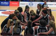 24 January 2014; The St Genevieves Belfast team in a huddle during the first quarter. All-Ireland Schools Cup U19C Girls Final, St Genevieves Belfast v Glenamaddy Community School, National Basketball Arena, Tallaght, Co. Dublin. Picture credit: Ramsey Cardy / SPORTSFILE