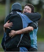 28 January 2014; Joseph Conway, Castletroy, celebrates with coach Richie Feeney at the final whistle after victory over Rockwell. SEAT Munster Schools Senior Cup, 1st Round, Rockwell College v Castletroy College, Clanwilliam Park, Tipperary Town. Picture credit: Diarmuid Greene / SPORTSFILE