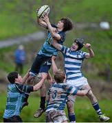 28 January 2014; Stuart Hoare, Castletroy, wins possession in a lineout ahead of Jack Binchy, Rockwell. SEAT Munster Schools Senior Cup, 1st Round, Rockwell College v Castletroy College, Clanwilliam Park, Tipperary Town. Picture credit: Diarmuid Greene / SPORTSFILE