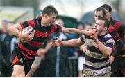 29 January 2014; Ben Deverell, Kilkenny College, is tackled by John Molony, Clongowes Wood College. Beauchamps Leinster Schools Senior Cup, 1st Round, Clongowes Wood College v Kilkenny College, NUI Maynooth, Maynooth, Co. Kildare. Picture credit: David Maher / SPORTSFILE