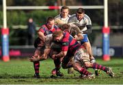 1 February 2014; Cathal O'Flaherty, Cork Constitution, in action against Bryan Byrne, left, and Tony Ryan, Clontarf. Ulster Bank League, Division 1A, Clontarf v Cork Constitution, Castle Avenue, Clontarf, Dublin. Picture credit: Barry Cregg / SPORTSFILE