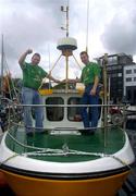 6 June 2005; Republic of Ireland supporters Jim, left, and Bill Redmond,  Ballymurn, Co. Wexford, on board the &quot;Kirsten&quot; in Torshavn on their arrival in advance of the Faroe Islands v Ireland game.Torshavn, Faroe Islands. Picture credit; Damien Eagers / SPORTSFILE