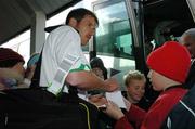 6 June 2005;  Republic of Ireland captain Kenny Cunningham, signs autographs for local children on his arrival at Vagar Airport, Faroe Islands, in advance of the Faroe Islands v Republic of Ireland game. Vagar Airport, Faroe Islands. Picture credit; David Maher / SPORTSFILE