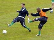 7 June 2005;  Republic of Ireland's Clinton Morrison, right, and Kenny Cunningham, in action during squad training. Torsvollur Stadium, Torshavn, Faroe Islands. Picture credit; Damien Eagers / SPORTSFILE