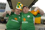 8 June 2005; Stranded Republic of Ireland supporters Aiden O'Brien, left, and his brother Craig, from Dublin, at Dublin airport after their flight to the Faroe Islands for the 2006 FIFA World Cup Qualifiying match between the Faroe Islands and the Republic of Ireland was cancelled due to bad weather in the Faroe Islands. Dublin Airport, Dublin. Picture credit; Pat Murphy / SPORTSFILE