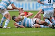 4 February 2014; Jack Dwan, Blackrock College, is tackled by Cian Cunningham, CBC Monkstown. Beauchamps Leinster Schools Senior Cup, 1st Round, Blackrock College v CBC Monkstown, Donnybrook Stadium, Donnybrook, Dublin. Photo by Sportsfile