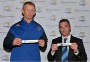 4 February 2014; Leinster's Leo Cullen, left, and Conor Montayne, Chairperson Schools Committee, draw out the names of St. Mary's College and Newbridge College during the Leinster Schools’ Senior Cup 2nd Round Draw. Old Wesley, Donnybrook, Dublin. Photo by Sportsfile