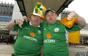 8 June 2005; Republic of Ireland supporters Aiden O'Brien, left, and his brother Craig, from Dublin, at Dublin airport after their flight to the Faroe Islands for the 2006 FIFA World Cup Qualifiying match between the Faroe Islands and the Republic of Ireland was cancelled due to bad weather in the Faroe Islands. Dublin Airport, Dublin. Picture credit; Pat Murphy / SPORTSFILE