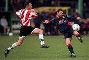 14 February 1999; Ian Gilzean of St Patrick's Athletic in action against Paul Curran of Derry City during the Harp Lager National League Premier Division match between Derry City and St Patrick's Athletic at The Brandywell Stadium in Derry. Photo by David Maher/Sportsfile