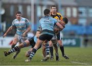 11 February 2014; Calaen Doris, Blackrock College, is tackled by Alex Penny, left, and Ronan Kelleher, St Michael's College. Beauchamps Leinster Schools Senior Cup, Quarter-Final, St Michael's College v Blackrock College, Donnybrook Stadium, Donnybrook, Co. Dublin. Picture credit: Dáire Brennan / SPORTSFILE