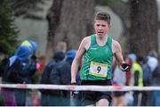 12 February 2014; Shane Hughes, Col Mhuire, Mullingar, Co. Westmeath, crosses the line to win the Intermediate Boy's race in the Aviva Leinster Schools Cross Country Championships. Santry Demesne, Santry, Co. Dublin. Picture credit: Ramsey Cardy / SPORTSFILE