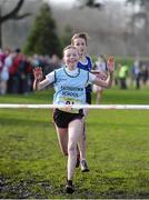 12 February 2014; Jodie McCann, Rathdown, Co. Dublin,  leads Annie O'Connor, Loreto, Co. Kilkenny, over the line in the Junior Girl's race in the Aviva Leinster Schools Cross Country Championships. Santry Demesne, Santry, Co. Dublin. Picture credit: Ramsey Cardy / SPORTSFILE