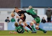 15 February 2014; Cornell du Preez, Edinburgh, is tackled by Fionn Carr, left, and Michael Swift, Connacht. Celtic League 2013/14, Round 14, Connacht v Edinburgh, Sportsground, Galway. Picture credit: Ramsey Cardy / SPORTSFILE