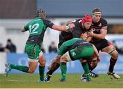 15 February 2014; Grant Gilchrist, supported by Mike Coman, Edinburgh, is tackled by Jake Heenan, Connacht. Celtic League 2013/14, Round 14, Connacht v Edinburgh, Sportsground, Galway. Picture credit: Ramsey Cardy / SPORTSFILE