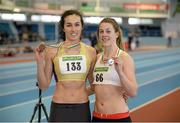 16 February 2014; Wexford athletes Fiona Kehoe, Kilmore A.C., Wexford, right, who finished second, and Brona Furlong, Slaney Olympic A.C., Wexford, who finished third, following the women's 800m event. Woodie’s DIY National Senior Indoor Track and Field Championships - Sunday. Athlone Institute of Technology International Arena, Athlone, Co. Westmeath. Picture credit: Stephen McCarthy / SPORTSFILE