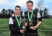 18 February 2014; IT Carlow 'B' captain John Yeates, left, with the cup and Karl Keogh with his Player of the Match award after the game. UMBRO CUFL First Division Final, Trinity College v IT Carlow 'B', Leixlip United, Leixlip, Co. Kildare. Picture credit: Barry Cregg / SPORTSFILE