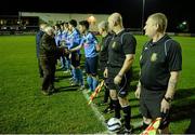 18 February 2014; The University College Dublin players and match officials meet Terry McAuley, Chairman, IUFU, before the game. UMBRO CUFL Premier Division Final, IT Carlow v University College Dublin, Frank Cooke Park, Tolka Rovers FC, Dublin. Picture credit: Pat Murphy / SPORTSFILE