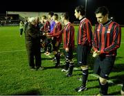 18 February 2014; The IT Carlow players meet Terry McAuley, Chairman, IUFU, before the game. UMBRO CUFL Premier Division Final, IT Carlow v University College Dublin, Frank Cooke Park, Tolka Rovers FC, Dublin. Picture credit: Pat Murphy / SPORTSFILE