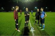 18 February 2014; Match reeferee Richard Glynn tosses the coin between IT Carlow captain Stephen Last, left, and Samir Belhout, University College Dublin. UMBRO CUFL Premier Division Final, IT Carlow v University College Dublin, Frank Cooke Park, Tolka Rovers FC, Dublin. Picture credit: Pat Murphy / SPORTSFILE