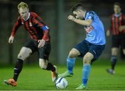 18 February 2014; Samir Belhout, University College Dublin, in action against Stephen Last, IT Carlow. UMBRO CUFL Premier Division Final, IT Carlow v University College Dublin, Frank Cooke Park, Tolka Rovers FC, Dublin. Picture credit: Pat Murphy / SPORTSFILE