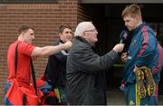 19 February 2014; Munster players Andrew Conway, left, and Ian Keatley 'get involved' as Dave Foley speaks to Len Dineen of Limerick's Live 95fm during a press conference ahead of their Celtic League 2013/14, Round 15, match against Ospreys on Sunday. Munster Rugby Press Conference, University of Limerick, Limerick. Picture credit: Diarmuid Greene / SPORTSFILE