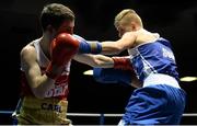 22 February 2014; Kurt Walker, right, Canal Boxing Club, exchanges punches with Carl McDonald, Golden Cobra Boxing Club, during their 56kg bout. National Senior Boxing Championships, First Round, National Stadium, Dublin. Picture credit: Barry Cregg / SPORTSFILE