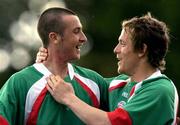 14 July 2005; Roy O'Donovan, left, Cork City, celebrates with team-mate Joe Gamble after scoring his sides first goal. UEFA Cup, First Qualifying Round, First Leg, FK Ekranas v Cork City, Aukstaitija, Panevezys, Lithuania. Picture credit; Brian Lawless / SPORTSFILE