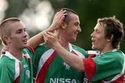 14 July 2005; Roy O'Donovan, centre, Cork City, celebrates with team-mates Joe Gamble, right, and Liam Kearney after scoring his sides first goal. UEFA Cup, First Qualifying Round, First Leg, FK Ekranas v Cork City, Aukstaitija, Panevezys, Lithuania. Picture credit; Brian Lawless / SPORTSFILE