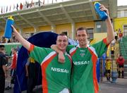 14 July 2005; Cork City goalscorers Roy O'Donovan, left, and George O'Callaghan celebrate after the match. UEFA Cup, First Qualifying Round, First Leg, FK Ekranas v Cork City, Aukstaitija, Panevezys, Lithuania. Picture credit; Brian Lawless / SPORTSFILE