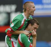 17 July 2005; George O'Callaghan, right, Cork City, celebrates after scoring his sides first goal with team-mate Liam Kearney. eircom League, Premier Division, Drogheda United v Cork City, United Park, Drogheda, Co. Louth. Picture credit; David Maher / SPORTSFILE