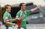 17 July 2005; George O'Callaghan, right, Cork City, celebrates after scoring his sides first  goal with team-mate Colin O'Brien. eircom League, Premier Division, Drogheda United v Cork City, United Park, Drogheda, Co. Louth. Picture credit; David Maher / SPORTSFILE