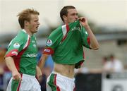 17 July 2005; George O'Callaghan, right, Cork City, celebrates after scoring his sides first  goal with team-mate Colin O'Brien. eircom League, Premier Division, Drogheda United v Cork City, United Park, Drogheda, Co. Louth. Picture credit; David Maher / SPORTSFILE