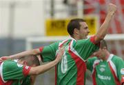 17 July 2005; George O'Callaghan, right, Cork City, celebrates after scoring his sides first  goal with team-mate Neal Horgan. eircom League, Premier Division, Drogheda United v Cork City, United Park, Drogheda, Co. Louth. Picture credit; David Maher / SPORTSFILE