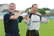 17 July 2005; Damien Richardson, left, Cork City manager, celebrates at the end of the game with Phil Harrington after victory over Drogheda United. eircom League, Premier Division, Drogheda United v Cork City, United Park, Drogheda, Co. Louth. Picture credit; David Maher / SPORTSFILE