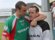 17 July 2005; Dan O'Connor, left, Cork City, celebrates at the end of the game with team-mate Phil Harrington after victory over Drogheda United. eircom League, Premier Division, Drogheda United v Cork City, United Park, Drogheda, Co. Louth. Picture credit; David Maher / SPORTSFILE