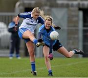 23 February 2014; Caoimhe Mohan, Monaghan, in action against Rachel Ruddy, Dublin. Tesco HomeGrown Ladies Football National League Division 1, Monaghan v Dublin, Inniskeen, Co. Monaghan. Picture credit: Oliver McVeigh / SPORTSFILE