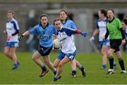 23 February 2014; Sharon Courtney, Monaghan, in action against Sinead Aherne, Dublin. Tesco HomeGrown Ladies Football National League Division 1, Monaghan v Dublin, Inniskeen, Co. Monaghan. Picture credit: Oliver McVeigh / SPORTSFILE