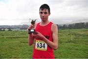 25 February 2014; Tadhg McGinty, SM&P Swinford, Co. Mayo, with the trophy after winning the Intermediate Boys 4500m race during the Aviva Connacht Schools Cross Country Championships. Sligo Race Course, Sligo. Picture credit: Barry Cregg / SPORTSFILE
