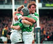 19 November 2000; Ireland's Tyrone Howe, left, celebrates scoring a try with team-mates David Humphries, centre, and Kieron Dawson. International friendly, Ireland v South Africa, Lansdowne Road, Dublin. Picture credit: Matt Browne / SPORTSFILE