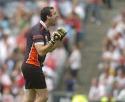 23 July 2005; Armagh goalkeeper Paul Hearty celebrates an Armagh point. Bank of Ireland Ulster Senior Football Championship Final Replay, Tyrone v Armagh, Croke Park, Dublin. Picture credit; Damien Eagers / SPORTSFILE