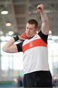 16 February 2014; Sean Breathnach, Galway City Harriers A.C., on his way to winning the men's shot putt event. Woodie’s DIY National Senior Indoor Track and Field Championships - Sunday. Athlone Institute of Technology International Arena, Athlone, Co. Westmeath. Picture credit: Stephen McCarthy / SPORTSFILE