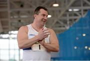 16 February 2014; Kieron Stout, Celbridge A.C., during the men's shot putt event. Woodie’s DIY National Senior Indoor Track and Field Championships - Sunday. Athlone Institute of Technology International Arena, Athlone, Co. Westmeath. Picture credit: Stephen McCarthy / SPORTSFILE