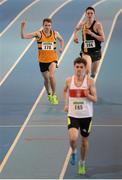 16 February 2014; Alex Bruce Littlewood, Leevale AC, Cork, left, wins the men's 3000m final. Woodie’s DIY National Senior Indoor Track and Field Championships - Sunday. Athlone Institute of Technology International Arena, Athlone, Co. Westmeath. Picture credit: Stephen McCarthy / SPORTSFILE