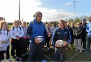 26 February 2014; Leinster and Ireland player Sophie Spence, left, and Leinster Rugby Women's Development Officer Jennie Bognell with players during the Dublin Girls Give It a Try Blitz. Templeogue United / St. Judes GAA Grounds, Dublin. Picture credit: Matt Browne / SPORTSFILE