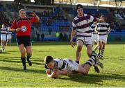 26 February 2014; Paddy Smyth, Belvedere, scores his side's try. Beauchamps Leinster Schools Junior Cup, Quarter-Final, Clongowes v Belvedere, Donnybrook Stadium, Donnybrook, Dublin. Picture credit: Matt Browne / SPORTSFILE