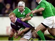 18 February 2000; Cameron Mather, Scotland A, is tackled by Shane Byrne, Ireland A. Six Nations &quot;A&quot; Rugby International, Ireland A v Scotland A, Donnybrook, Dublin. Picture credit: Brendan Moran / SPORTSFILE